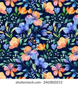 
Seamless pattern with different colored watercolor flowers on a dark background, for fabric, textile, wallpaper and print designs. Hand drawn romantic flowers