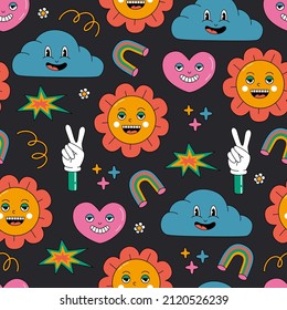 Seamless pattern with different colorful abstract shapes and funny comic characters. Clip art for kids. Hand drawn vector illustration isolated on black background. Modern flat cartoon style.