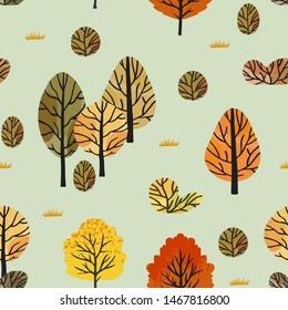Seamless pattern with different colorful autumn trees covered with foliage in a garden or forest that can be used as textile, fabric, wrapping paper, walpaper print and other decorations.