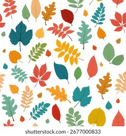 Seamless  pattern with different colorful autumn leaves: ash, chestnut, birch, grape. Perfect for textile, wrapping paper, wallpapers, seasonal backgrounds. Vector illustration on white background.