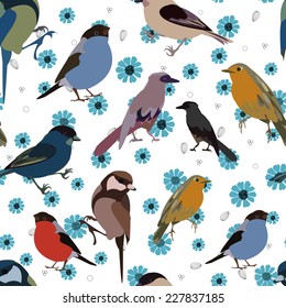 Seamless pattern with different colorful birds and blue flowers.