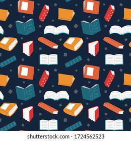 Seamless pattern with different colorful books on dark background. Back to school, literacy, library, reading, education, teaching, learning concept. Vector illustration.