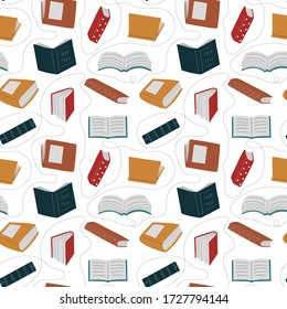 Seamless pattern with different colorful books on white background. Back to school; literacy; library; reading; education; teaching; learning concept. Vector illustration.