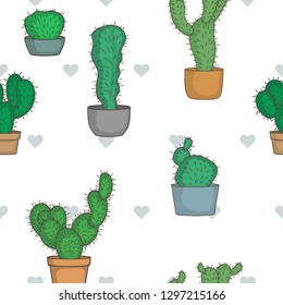 Seamless pattern with different colorful cactuses. Vector. EPS10.