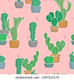 Seamless pattern with different colorful cactuses. Vector. EPS10.