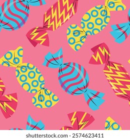 Seamless pattern with different colorful candy in wrapping paper on a bright pink background. Hand drawn vector illustration in flat design