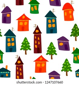 Seamless pattern of different colorful cartoon style houses and fir trees decorated with shining bright yellow lights.Children illustration stylized buildings and Christmas New Year trees.Flat design