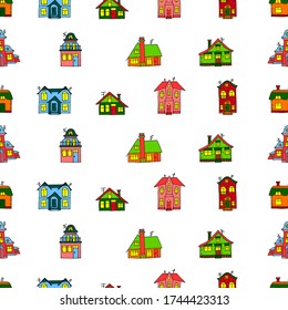 Patrón sin foco de diferentes casas pintadas a mano estilo caricatura colorida. Cuidada ilustración infantil con diferentes edificios de fantasía estilizados. Ilustración vectorial de contorno de cosecha infantil