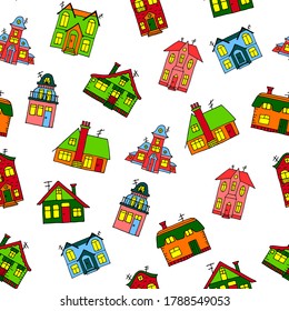 Seamless pattern of different colorful cartoon style hand drawn houses. Cute children's illustration with different stylized fantasy buildings. Childish vintage outline vector illustration