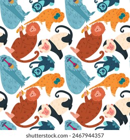 Seamless pattern with different colorful cute monkeys. Vector illustration in flat style. 