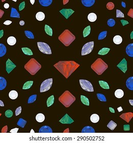Seamless pattern with different colorful diamonds on the black background