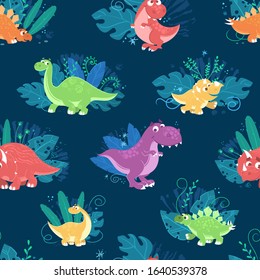 Seamless pattern with different colorful dinosaurs  on blue background