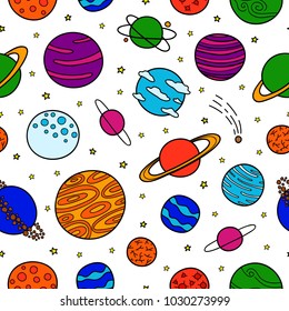 Seamless pattern with different colorful doodle fantastic space planets.