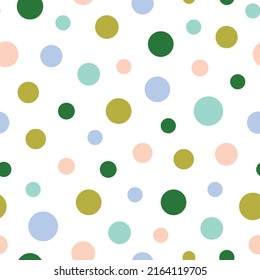 Seamless pattern with different colorful dots flat style, vector illustration on white background. Geometric round shapes, packaging or wrapping design