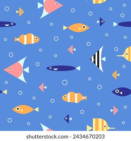 Seamless pattern with different colorful fish in the sea. Vector print, cover, background, card design
