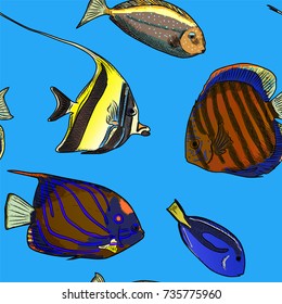 Seamless pattern with different colorful fishes on blue background, vector illustration