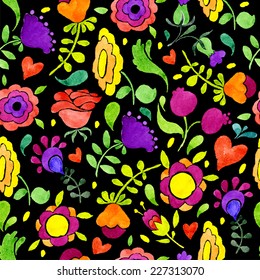 Seamless pattern with different colorful flowers. Vintage ornament. Watercolor illustration. Vector format.