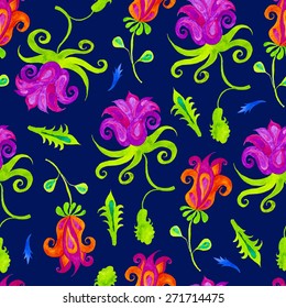 Seamless pattern with different colorful flowers. Vintage ornament. Watercolor illustration.
