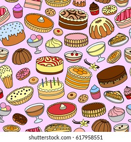 Seamless Pattern With Different Colorful Hand Drawn Cakes.