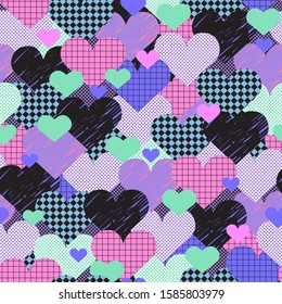 Seamless pattern with different colorful hearts in a patchwork or collage style. Vector illustration background for Valentine's day that can be used for print, textile, wrapping paper or wallpaper.