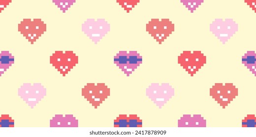 Seamless pattern with different colorful hearts emoticon in pixel art style, on yellow, vector