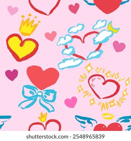 Seamless Pattern. Different colorful hearts with wings, clouds, crown, sparkles. Vector graphic isolated, doodle, hand draw, with texture. Funny and original.