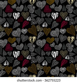 Seamless pattern with different colorful hearts on black background. Vector illustration for wedding design, textile and wallpaper design, web design, Valentine's cards etc.