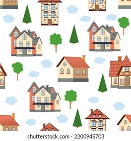 Seamless pattern of different colorful houses. Pattern seamless kids with home doodle coloring element. house pattern, cute colorful homes, funny children decor