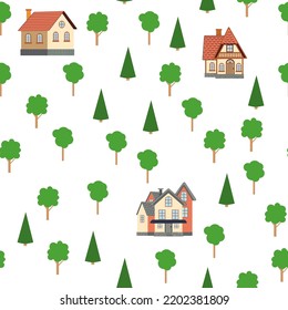Seamless pattern of different colorful houses. Pattern seamless kids with home doodle coloring element. house pattern, cute colorful homes, funny children decor