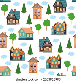 Seamless pattern of different colorful houses. Pattern seamless kids with home doodle coloring element. house pattern, cute colorful homes, funny children decor