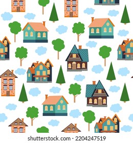 Seamless pattern of different colorful houses. Pattern seamless kids with home doodle coloring element. house pattern, cute colorful homes, funny children decor