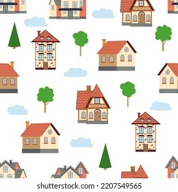 Patrón sin foco de diferentes casas coloridas. Patrón niños sin fisuras con elemento de colorante de doodle en casa. patrón de casa, casas coloridas y lindas, decoración divertida para niños