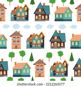 Seamless pattern of different colorful houses. Pattern seamless kids with home doodle coloring element. house pattern, cute colorful homes, funny children decor