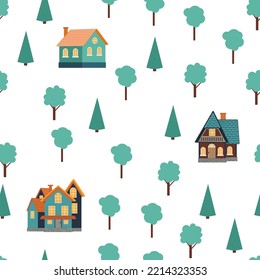 Patrón sin foco de diferentes casas coloridas. Patrón niños sin fisuras con elemento de colorante de doodle en casa. patrón de casa, casas coloridas y lindas, decoración divertida para niños