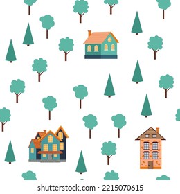 Seamless pattern of different colorful houses. Pattern seamless kids with home doodle coloring element. house pattern, cute colorful homes, funny children decor