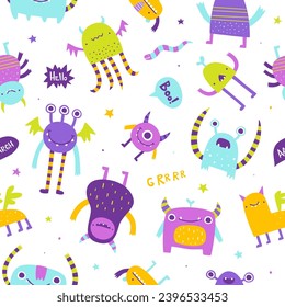 Seamless pattern with different colorful monsters. Abstract vector print with naive monsters for kids textile.