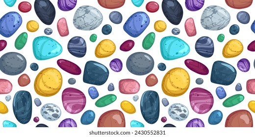 Seamless pattern with different colorful pebbles flat style, vector illustration on white background. Decorative design for wrapping and packaging, little stones from beach