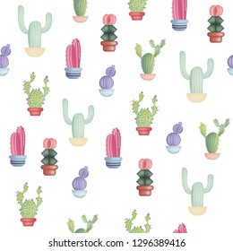 Seamless Pattern with Different Colorful Realistic Cactuses in Pot isolated on white background. Tropical Succulents and Flowering Plants. Vector illustration for Your Design, Web, Fabric, Wallpaper.