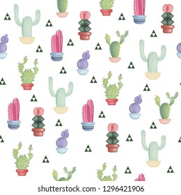 Seamless Pattern with Different Colorful Realistic Cactuses in Pot isolated on white background. Tropical Succulents and Flowering Plants. Vector illustration for Your Design, Web, Fabric, Wallpaper.