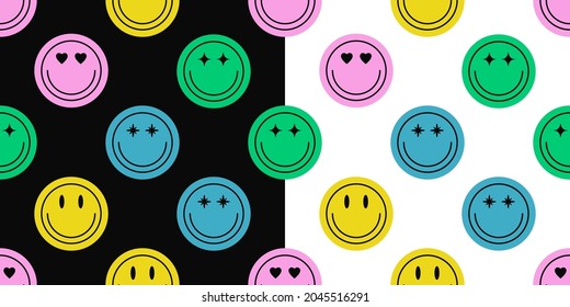 Seamless pattern of different colorful smile stickers. Happy face icon seamless background. Set of emoticon textures for print product. Vector illustration.