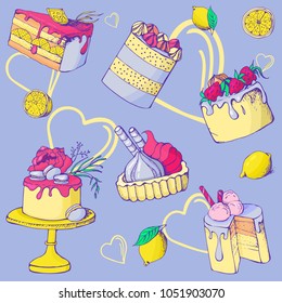 seamless pattern  of different colorful sweets and desserts