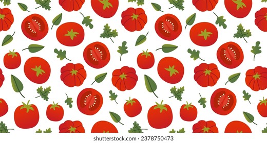 Seamless pattern different colorful tomatoes and greens in flat vector style on white background. For print, textile, background, wrapper.