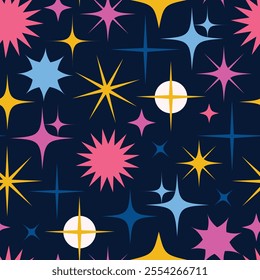 Seamless pattern with different colorful twinkling stars on a dark blue background. Hand drawn vector illustration