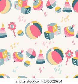 Seamless pattern with different colors baby prams, vintage simple style. Vector illustration.