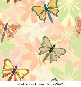 Seamless pattern. Different colors on a butterfly, floral background. Use for backgrounds, wall paper, tile floor, fabric, books, and anything else that you want.