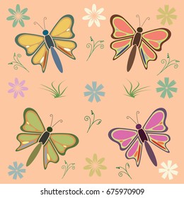 Seamless pattern. Different colors on a butterfly, floral background. Use for backgrounds, wall paper, tile floor, fabric, books, and anything else that you want.