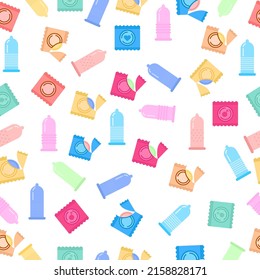 Seamless pattern of different condoms, line style packages