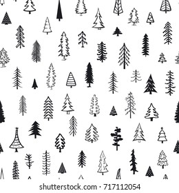 seamless pattern with different conifer pine fir doodle xmas trees