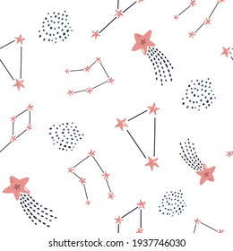 Seamless pattern with different constellations and stars. Vector cosmic illustration