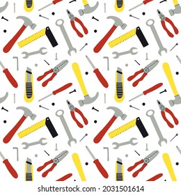 Seamless pattern of different construction instruments. Working tools and repair equipment. Background vector illustration.